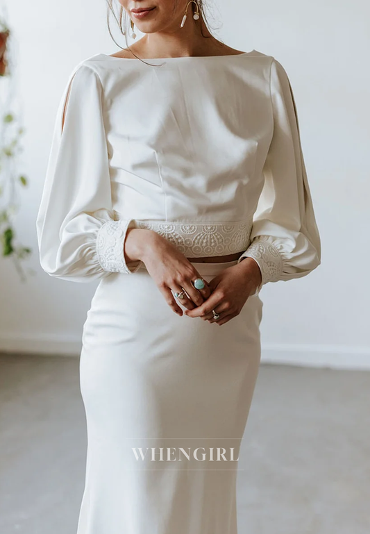 Sheath Simple Bateau Neck Cut Out Long Sleeves Two Pieces V Back with Sweep Train