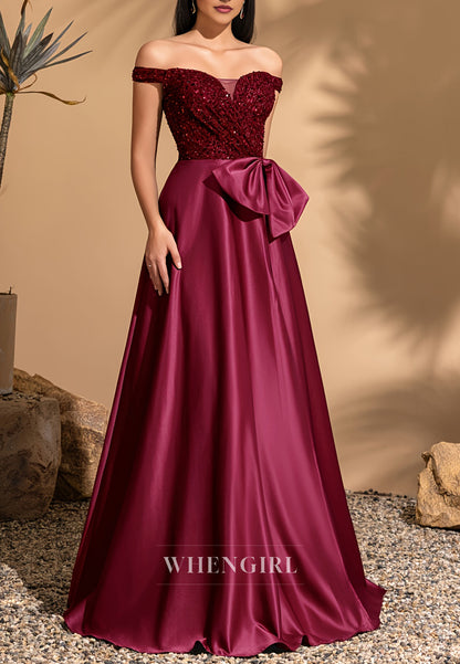 Burgundy Off Shoulder Sequins Bowknot Side Slit A-Line Mother of the Bride Dress