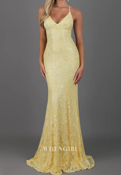 Yellow V Neck Sleeveless Cross Back Mermaid Lace Prom Dress