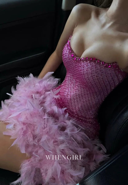 Sheath Beaded Feather Sleeveless Sweetheart Strapless Homecoming Dress