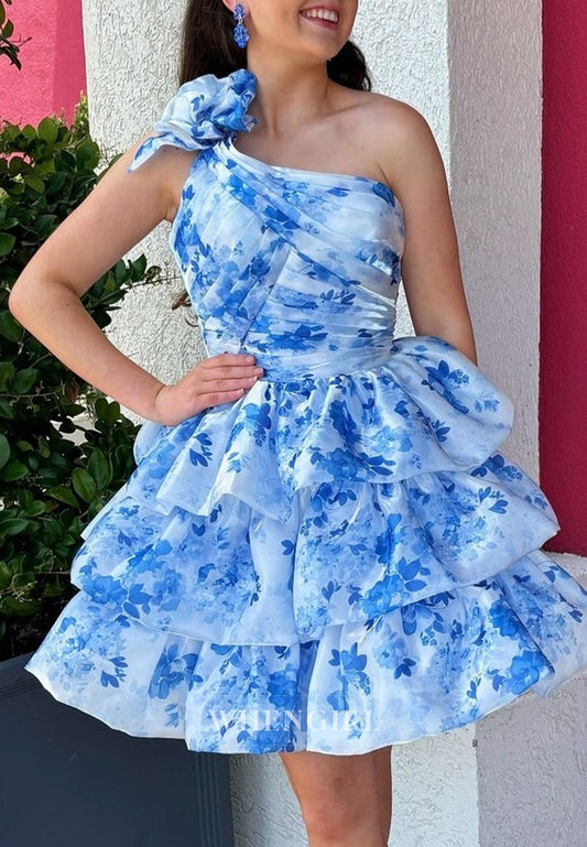 One Shoulder Blue A-Line Sleeveless Pleated Floral Short Homecoming Dress