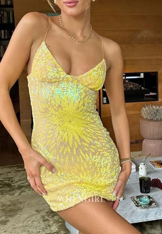 Sparkly Spaghetti Straps Sleeves Off Shoulder Sheath Short Homecoming Dress