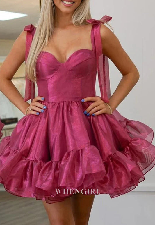 Sweetheart A-Line Ruffles Bowknot Straps Sleeveless Homecoming Dress