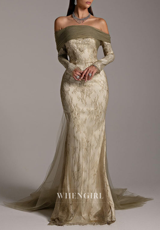 Off Shoulder Long Sleeves Sheath Sweep Train Lace Formal Evening Dress