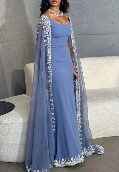 Ocean Blue Sleeveless Scoop Neck Back Zipper Sweep Train Formal Evening Dress with Cape