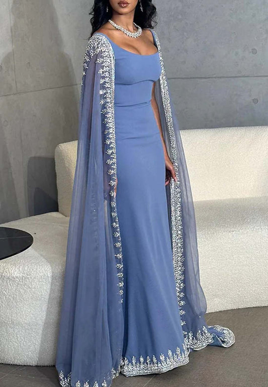 Ocean Blue Sleeveless Scoop Neck Back Zipper Sweep Train Formal Evening Dress with Cape