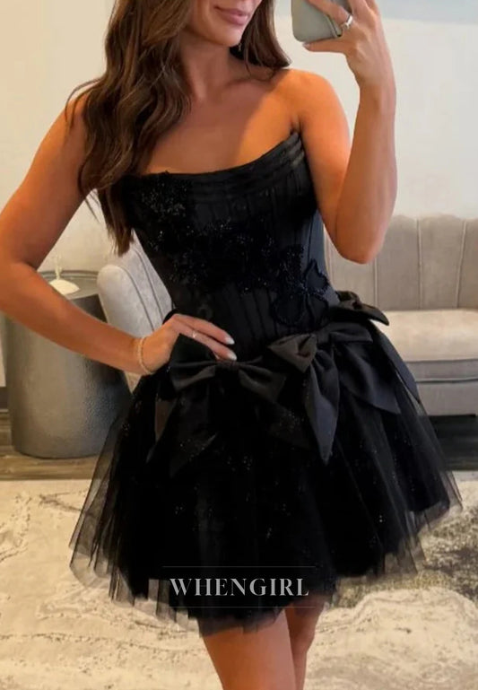 Black A-line Bowknot Short Sleeveless Strapless Zipper Corset Homecoming Dress