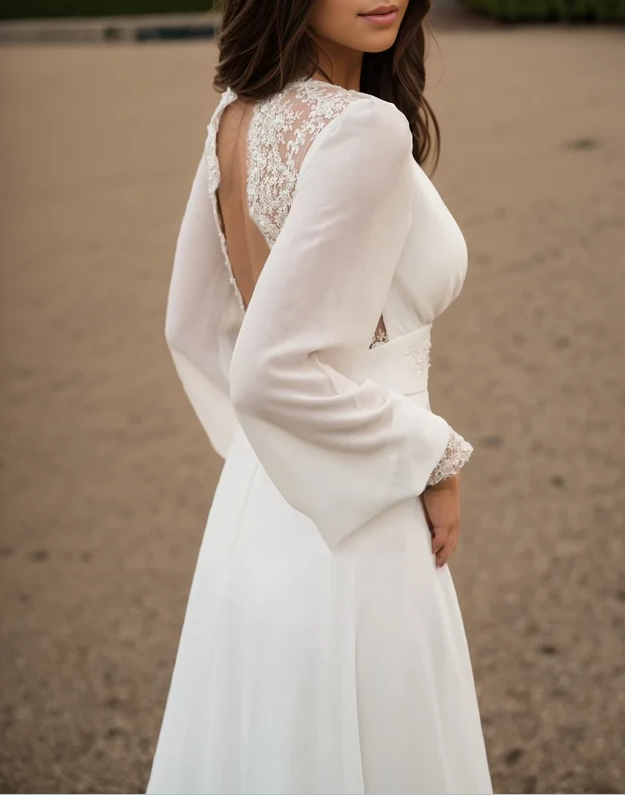 Ivory V Neck Long Sleeves Backless Boho Chiffon Wedding Dress