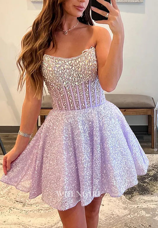 Lilac Scoop Neck Sleeveless Beaded A-Line Back Zipper Short Homecoming Dress