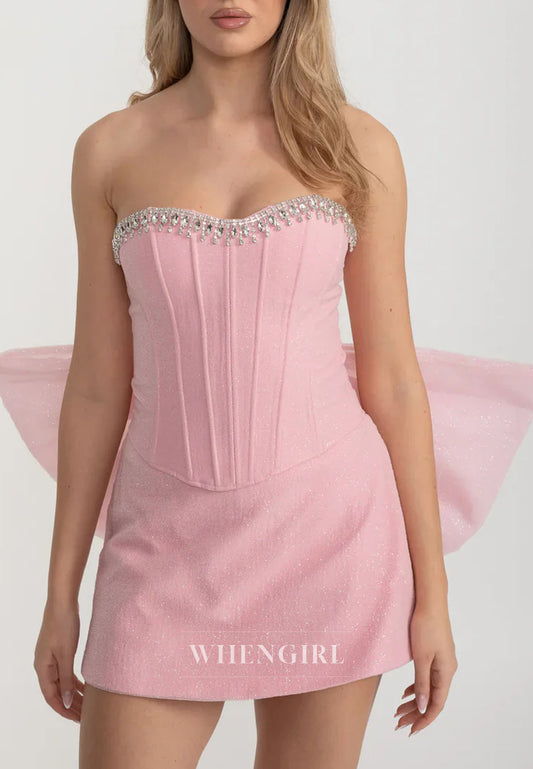 Light Pink Sweetheart Beaded Sheath Back Zipper Short Homecoming Dress with Removable Bowknot