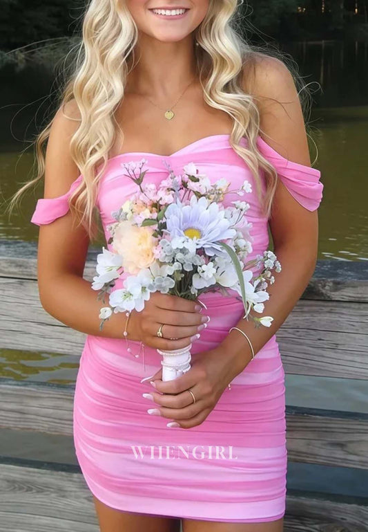 Pink Pleated Off Shoulder Sleeveless Sheath Short Homecoming Dress