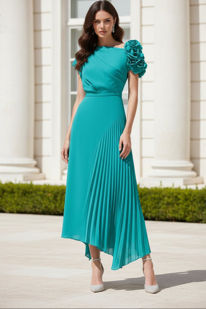 One-Shoulder 3D Floral Pleated Asymmetric Midi Dress