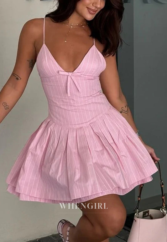 Blushing Pink V Neck Pleated Spaghetti Straps Sleeveless A-Line Short Homecoming Dress