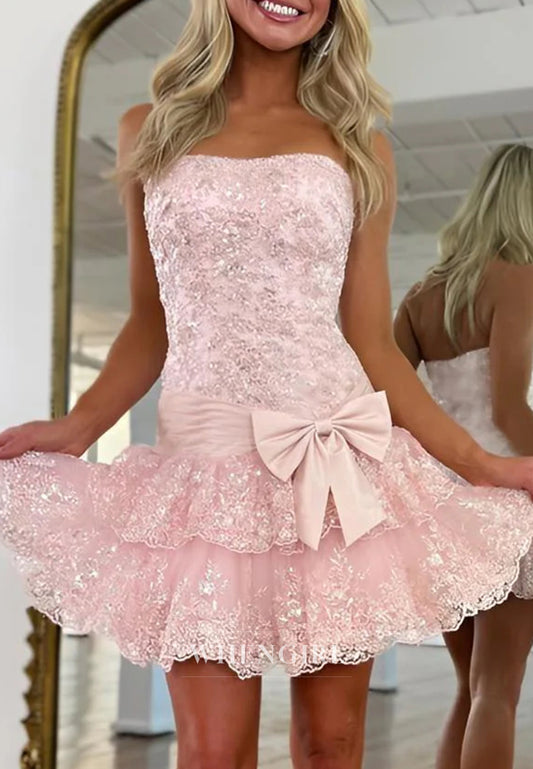 Tube Top Sleeveless Bowknot Beaded Lace Sheath Back Zipper Homecoming Dress