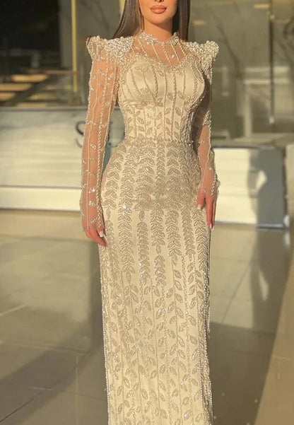 High Neck Long Sleeves Beaded Sheath Floor Length Formal Dress Evening Gown