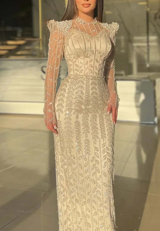 High Neck Long Sleeves Beaded Sheath Floor Length Formal Dress Evening Gown