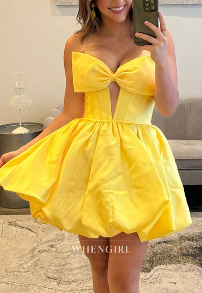 A-Line Sleeveless Cut Out V Neck Lace Up Strapless Satin Short Homecoming Dress