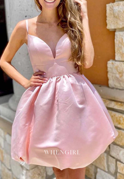 Light Pink V Neck Aleeveless Ball Gown Short Satin Homecoming Dress with Bowknot