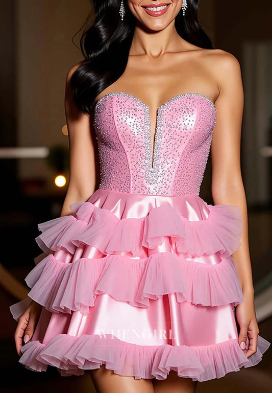 Candy Pink Sweetheart Sleeveless Beaded Tulle Ruffles Satin A-line Short Homecoming Dress