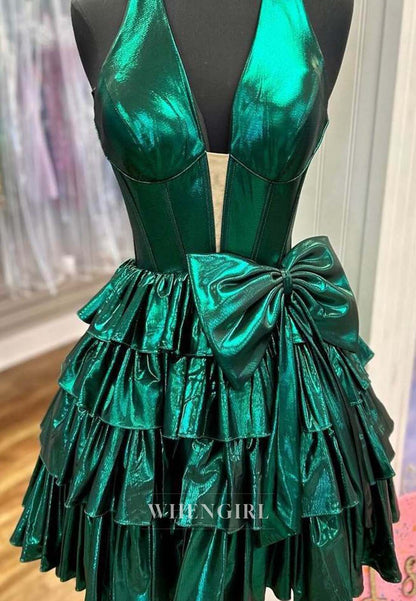 A-Line Sleeveless Halter V Neck Multi Tiered Bowknot Ruffles Short Homecoming Dress