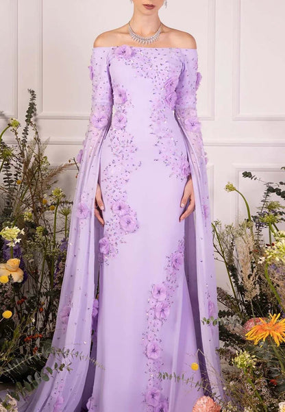 Lilac Off Shoulder Sheath Evening Dress Long Sleeves Floral Sweep Train Formal Gown