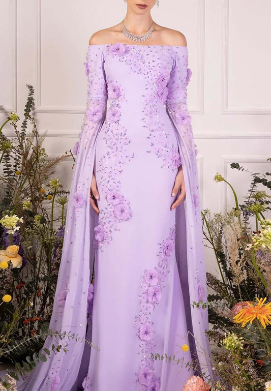 Lilac Off Shoulder Sheath Evening Dress Long Sleeves Floral Sweep Train Formal Gown