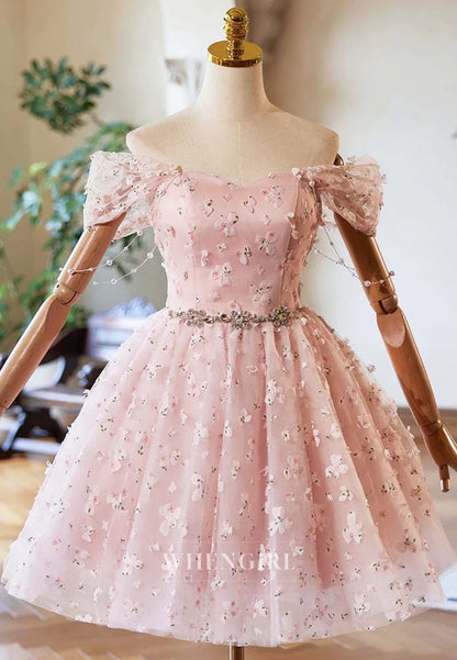 Blush Off Shoulder Sleeveless Rhinestons Beading Floral Pears A-Line Short Homecoming Dress