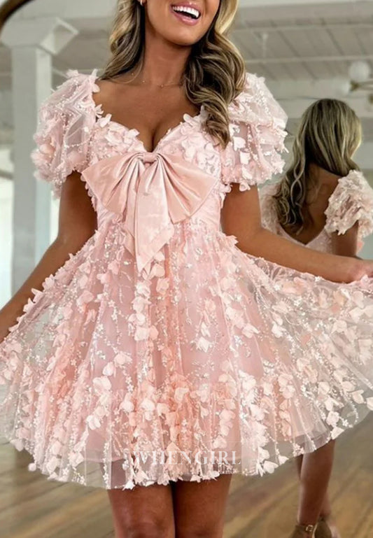 Blush A-Line Short Puff Sleeves Bowknot Tulle Back Zipper Short Homecoming Dress