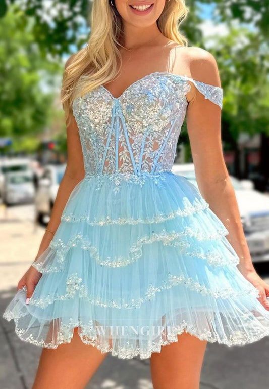 Sweetheart Off Shoulder Multi Tiered Sleeveless Appliqued Asymmetrical Hem A-Line Short Homecoming Dress