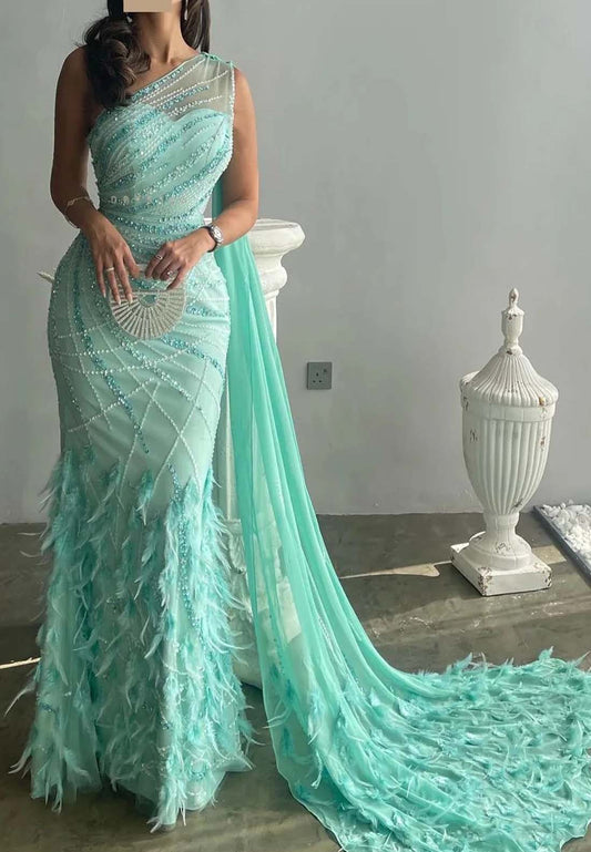 Turquoise One Shoulder Beaded Sleeveless Feather Evening Gown Sheath Side Train Formal Dress