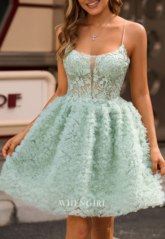 Mint Green Spaghetti Straps Sleeveless Appliqued Lace A-Line Back Zipper Short Homecoming Dress