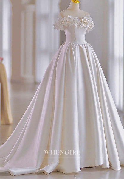 3D Flowers Off Shoulder Sleeveless Lace Up Bowknot A-Line Satin Court Train Wedding Dress