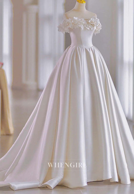 3D Flowers Off Shoulder Sleeveless Lace Up Bowknot A-Line Satin Court Train Wedding Dress