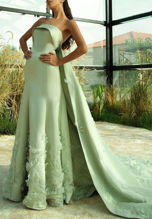 Green Strapless Sleeveless Sheath Court Train Formal Dress Beaded Tube Top Evening Dress