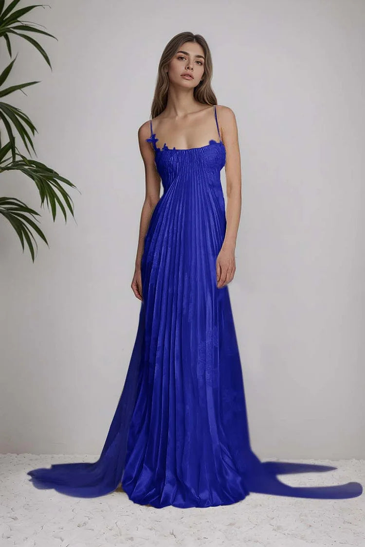 Stain Spaghetti Strap Sleeveless Long Prom Dress With Appliques