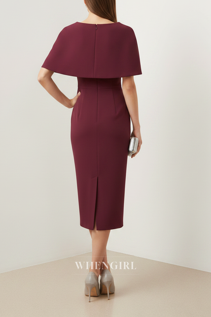 Burgundy Bateau Neck Sheath Midi Dress
