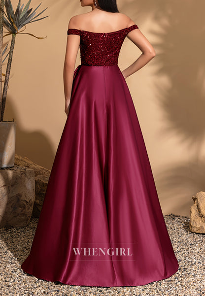 Burgundy Off Shoulder Sequins Bowknot Side Slit A-Line Mother of the Bride Dress
