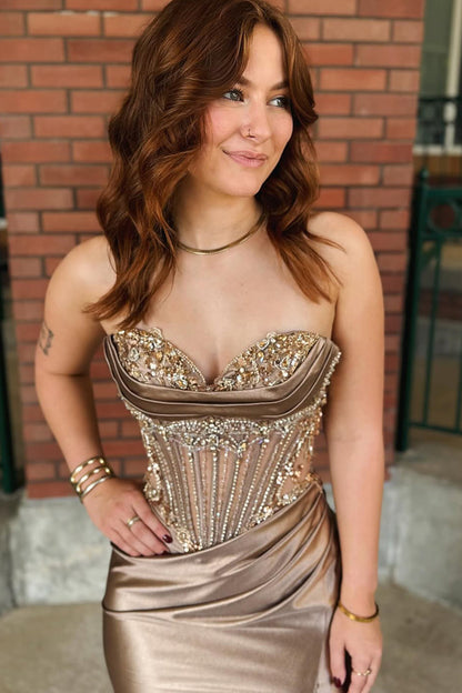 Charming Mermaid Sweetheart Brown Silk Satin Long Prom Dress with Slit