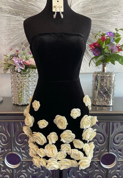 Black Sheath Tube Top Sleeveless Velvet White 3D Flower Short Homecoming Dress