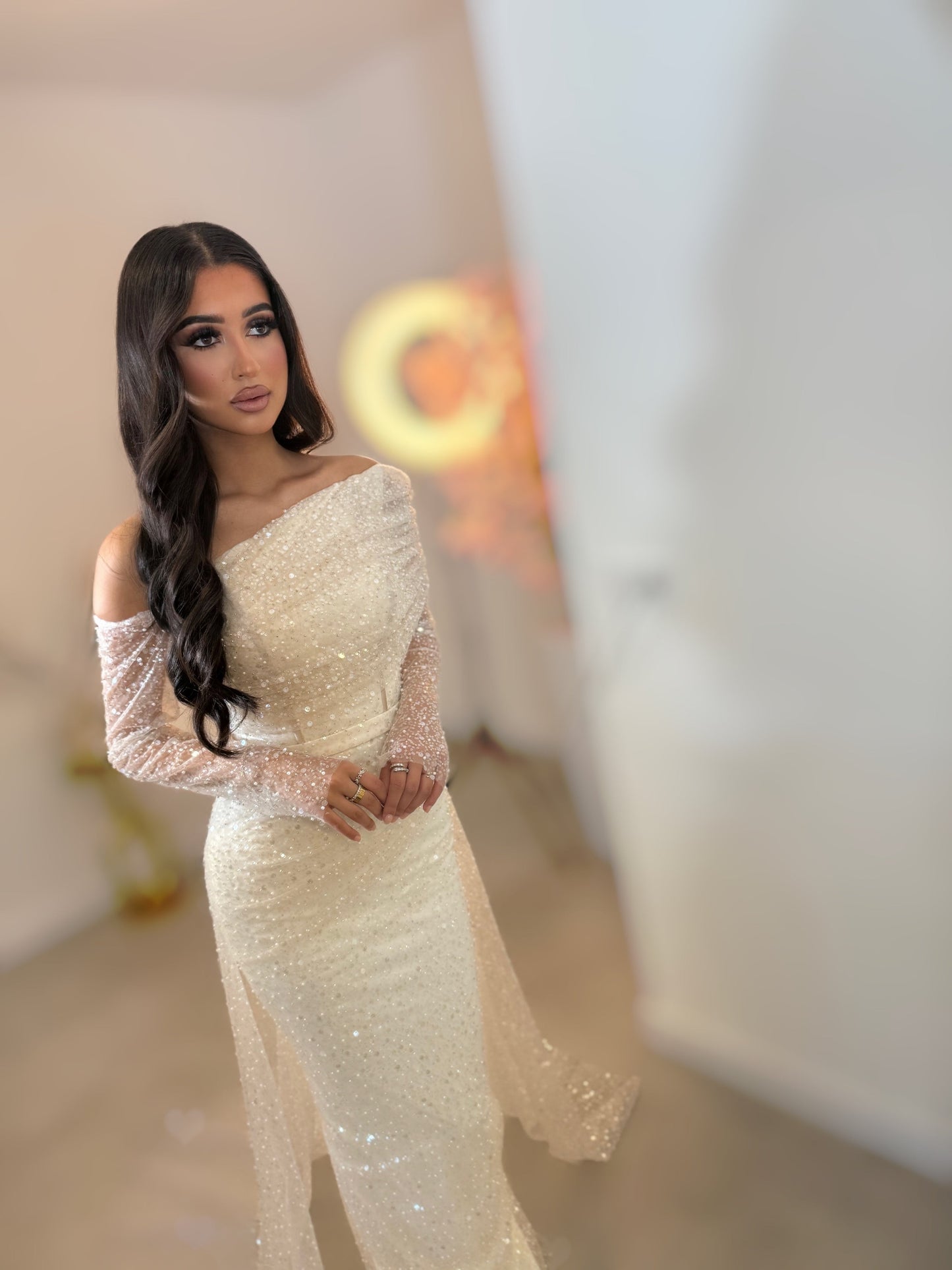 Pale Blush Off Shoudler Long Sleeves Beaded Sheath Evening Gown with Sweep Train