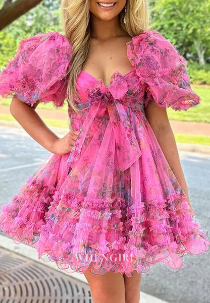 A-Line Tulle Short Puff Sleeves Multi Tiered Bowknot Floral Short Homecoming Dress