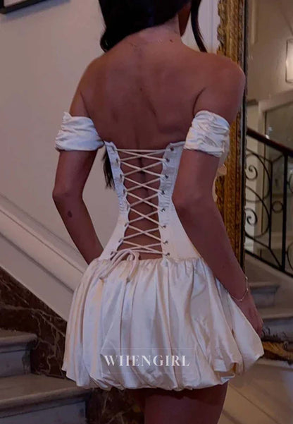 Beige Sleeveless Off Shoulder Sweetheart Bowknot A-Line Short Lace Up Homecoming Dress