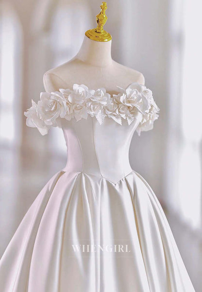 3D Flowers Off Shoulder Sleeveless Lace Up Bowknot A-Line Satin Court Train Wedding Dress