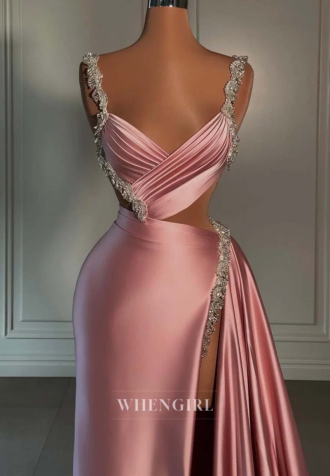 Dusty Pink Beaded Straps Sleeveless Evening Gown Pleated V Neck Sheath Side Slit Formal Dress