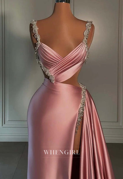 Dusty Pink Beaded Straps Sleeveless Evening Gown Pleated V Neck Sheath Side Slit Formal Dress