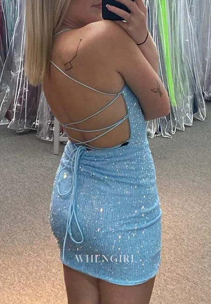 Light Blue Spaghetti Straps Sequins Sleeveless Lace Up Short Sheath Homecoming Dress