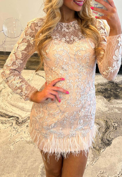 Blush Lace Long Sleeves Beteau Neck Feather Back Zipper Sheath Short Homecoming Dress