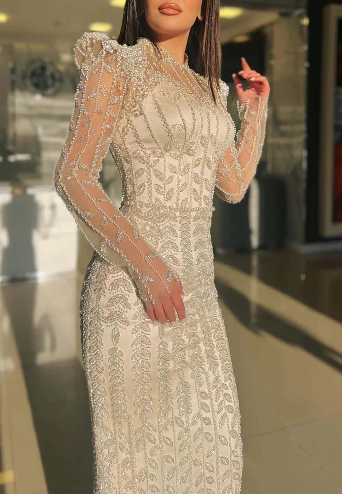 High Neck Long Sleeves Beaded Sheath Floor Length Formal Dress Evening Gown