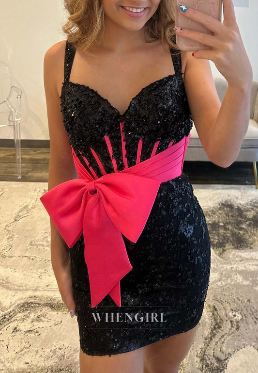Sweetheart Beaded Back Zipper Sheath Bowknot Sleeveless Short Homecoming Dress