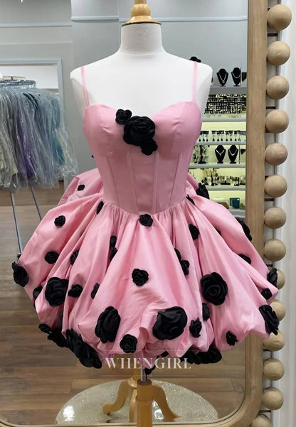 Blush Pink Sleeveless Spaghetti Straps Sweetheart A-Line Short Homecoming Dress with Black Folwers and Gloves